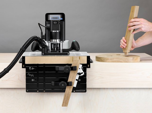 Workstation in use: board clamped vertically for an end-grain cut with Origin
